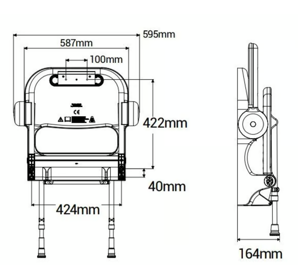 AKW 2000 Series Fold Up Padded Shower Seat with Back and Arms Mid Grey (02132P)