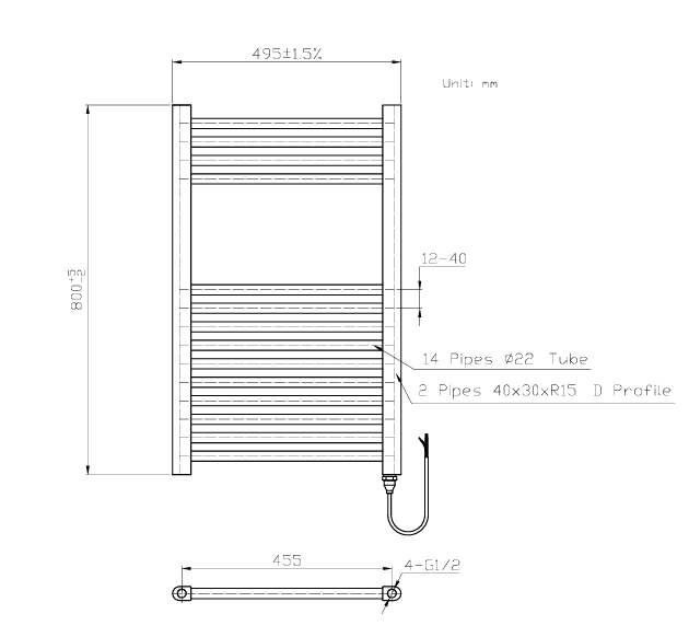 Kartell K-VIT Straight Electric Towel Rail On/Off Control 500x800mm (ESTR508C)