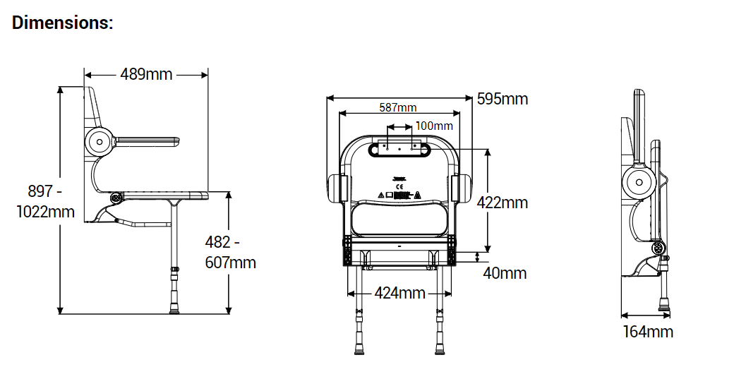 AKW 2000 Series Standard Wall Mounted Fold Up Shower Seat with Back and Grey Padded Arms (02130)