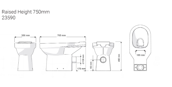 AKW Navlin Doc M Raised Height Close Coupled Toilet Pan 750mm Projection (23590)
