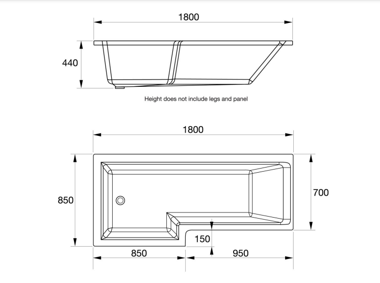Kartell K-VIT Elite L-Shaped Shower Bath 1800x850mm Right Hand (BAT156EL)