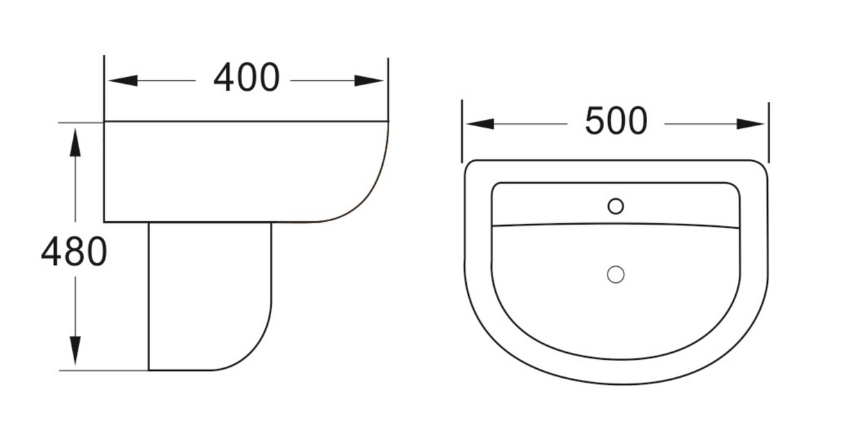 Kartell K-VIT Kameo 500mm One Tap Hole Basin with Full Pedestal- White Gloss (POT543KA-POT532KA)