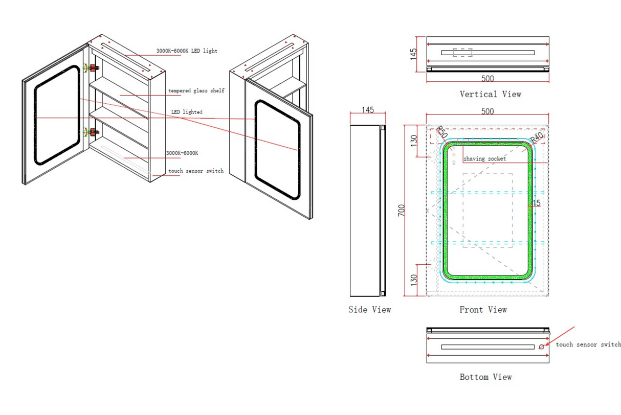 Kartell K-VIT Fine 500x700mm LED Mirror Cabinet-Chrome (FI5070MC)