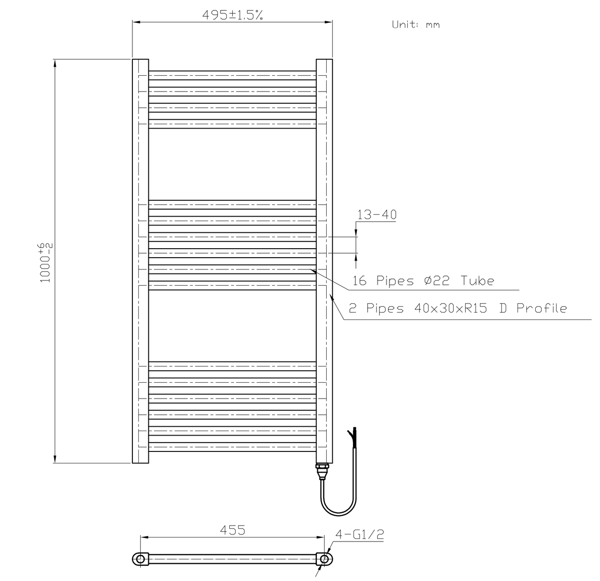 Kartell K-VIT Straight Electric Towel Rail - On/Off 500 x 1000mm Chrome (ESTR510C)