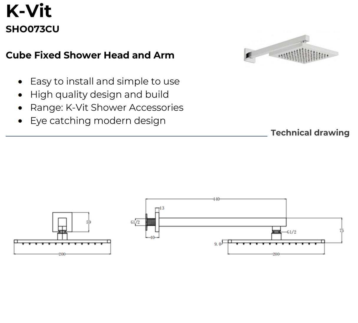 Kartell K-VIT Pure Option 6 Triple Thermostatic Concealed Shower with Slide Rail Kit & Overhead Drencher (SHO025PU-SHO070CU-SHO091OE-SHO073CU)