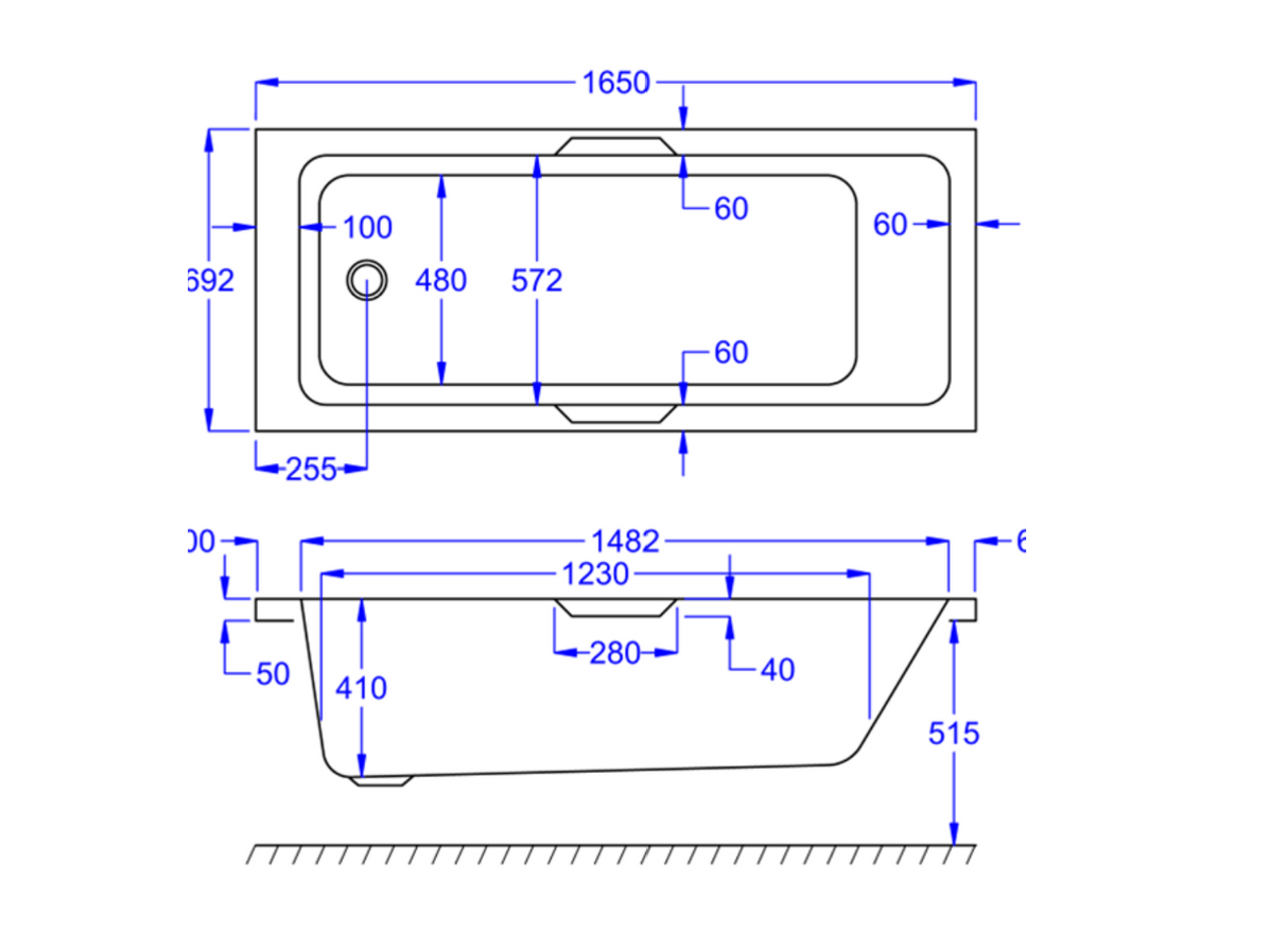 Kartell K-VIT Luxe Gripped 1650x700 Bath With Legs (LUX1657SE)