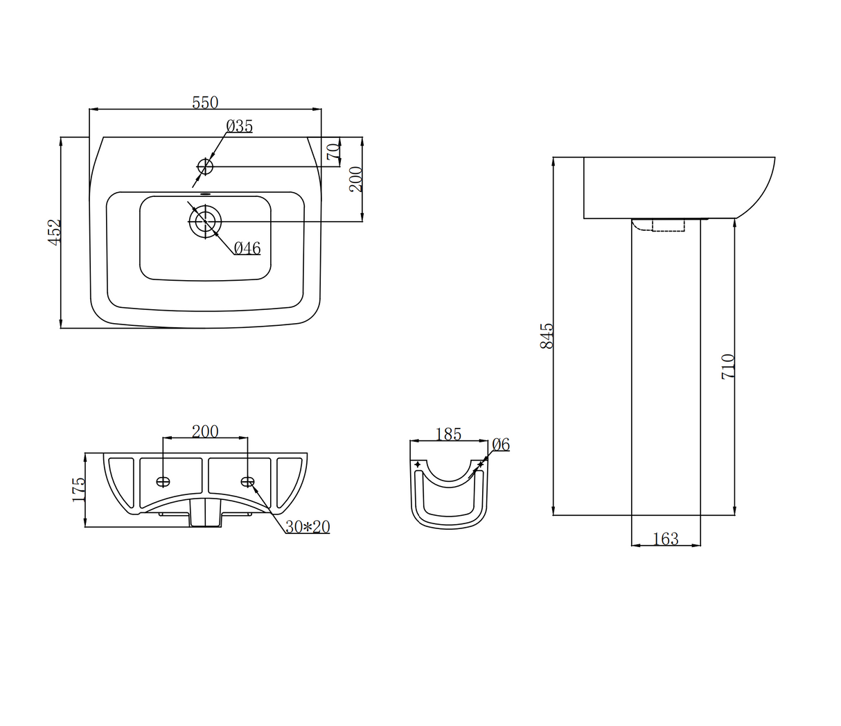 Kartell K-VIT Evoque/Korsika 550mm One Tap Hole Basin with Full Pedestal – (POT660EK)(POT661EK)