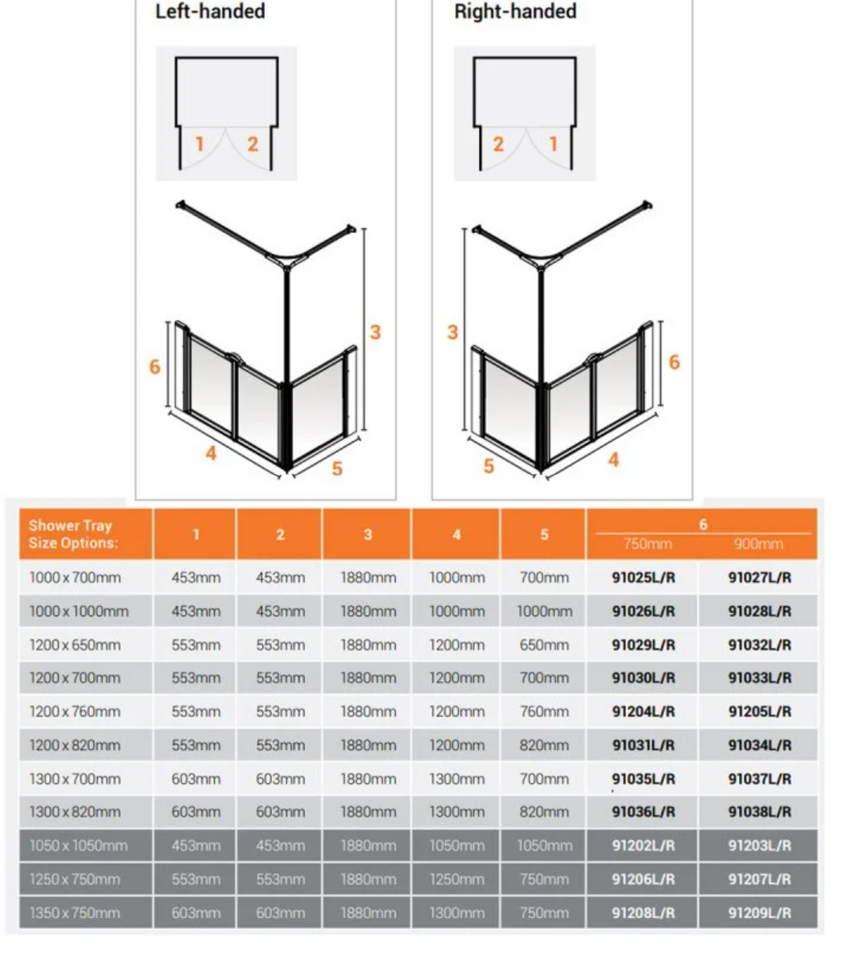 AKW Option C Shower Screens 1000x1000mm Right Hand - 900mm High (91028R)