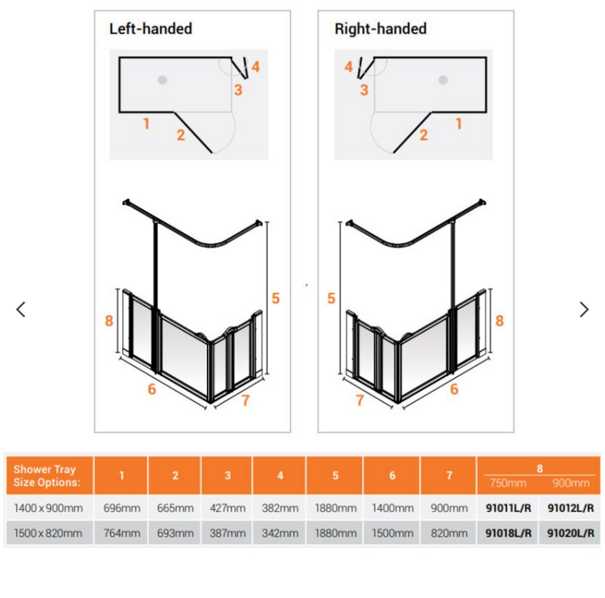 AKW Option BW Shower Screens 1500x820mm Left Hand - 750mm High (91018L)
