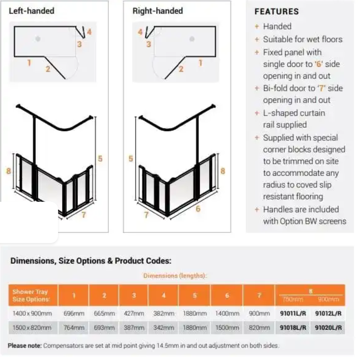AKW Option BW Shower Screens 1400x900mm Right Hand - 900mm High (91012R)