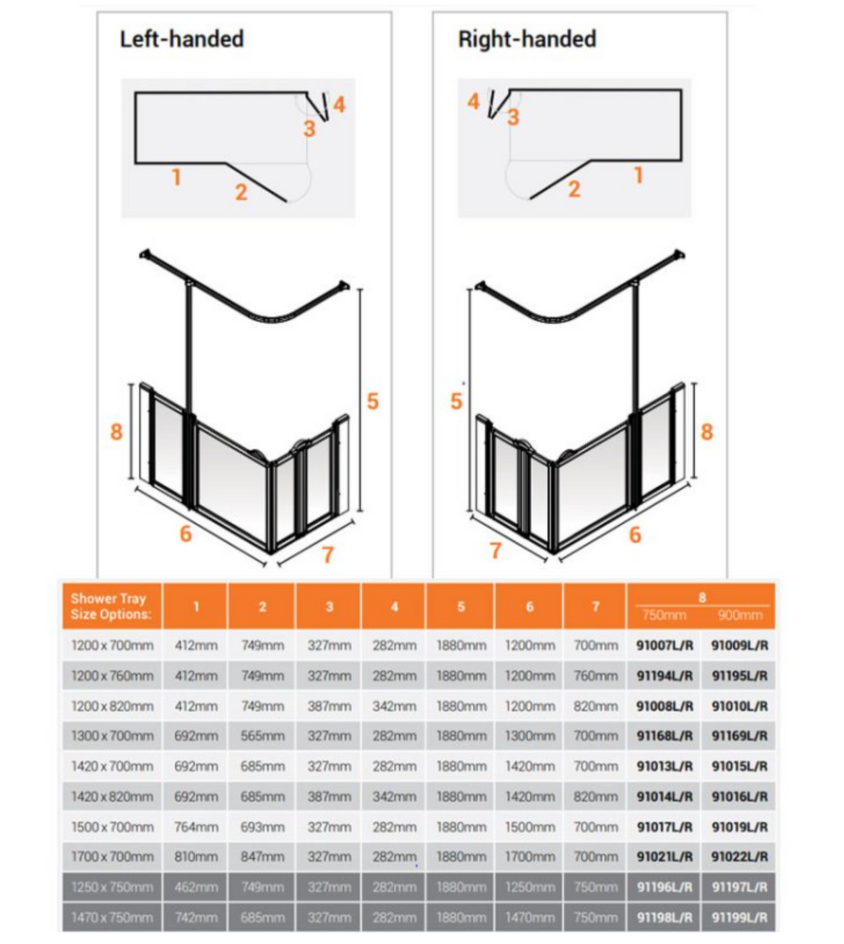 AKW Option B Shower Screens 1700x700mm Right Hand - 900mm High (91022R)