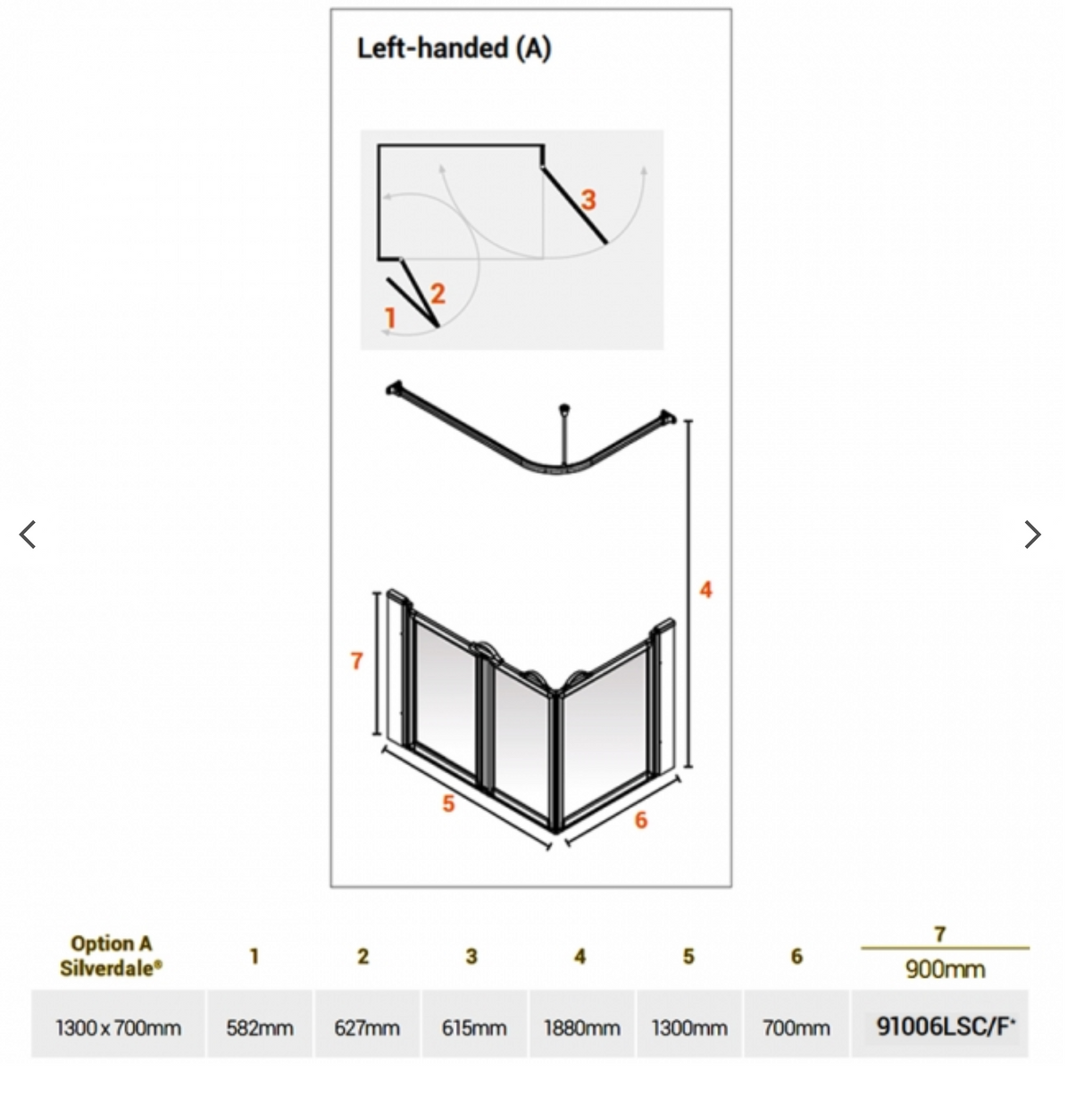 AKW Silverdale Option A Shower Screens 1300x700mm Left Hand - 900mm High - Clear (91006LSC)