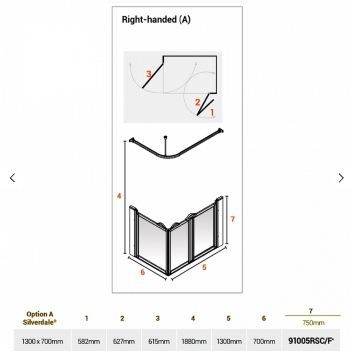 AKW Silverdale Option A Shower Screens 1300x700mm Right Hand - 750mm High - Clear (91005RSC)