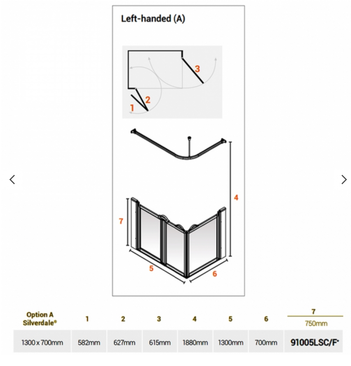 AKW Silverdale Option A Shower Screens 1300x700mm Left Hand - 750mm High - Frosted (91005LSF)