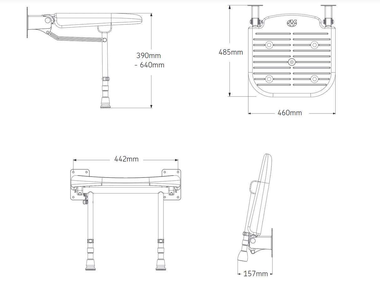 AKW 4000 Series Advanced Wall Mounted Fold up Moulded Grey Padded Seat with Support Legs (04270P)