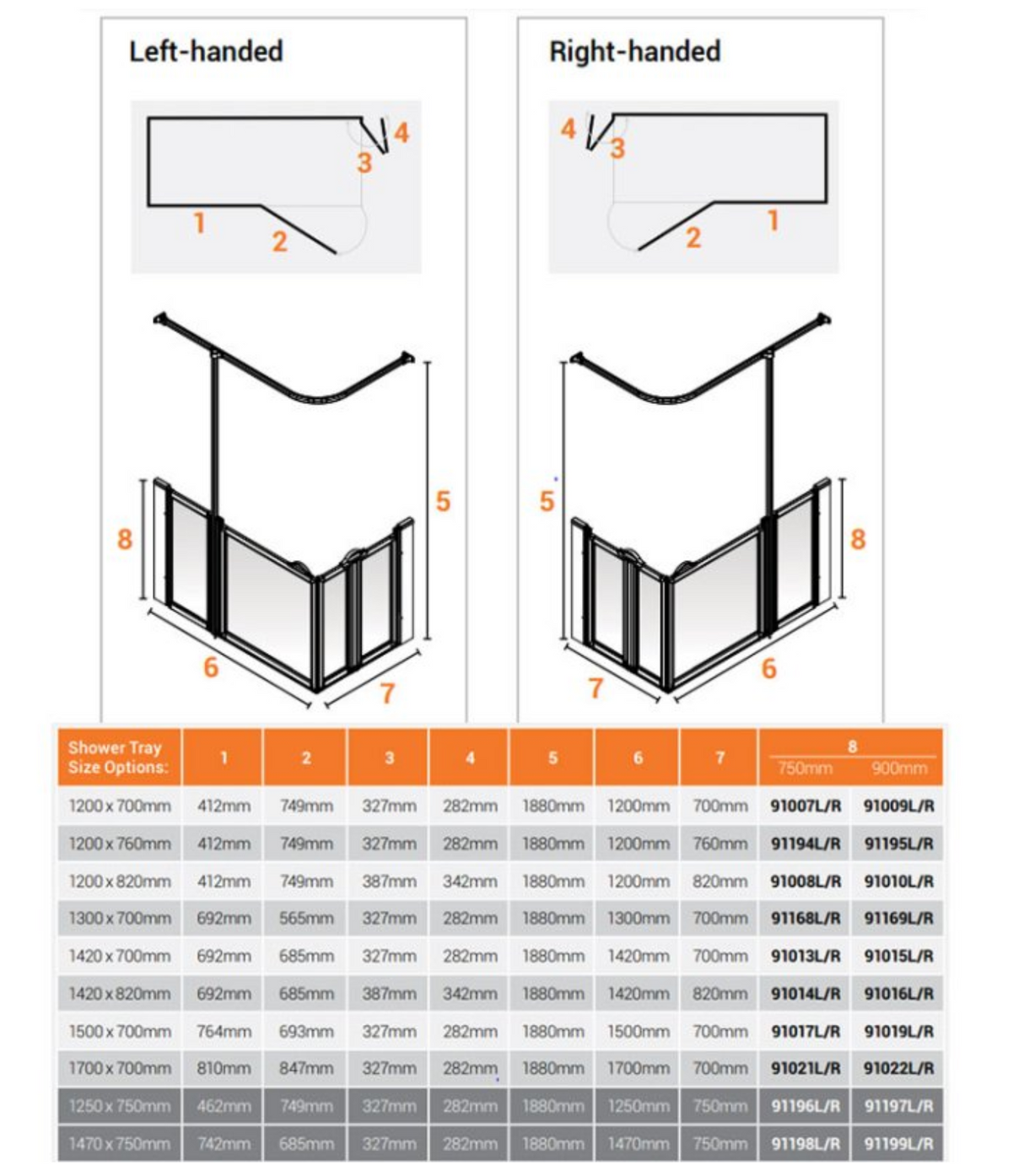 AKW Option B Shower Screens 1300x700mm Left Hand - 750mm High (91168L)