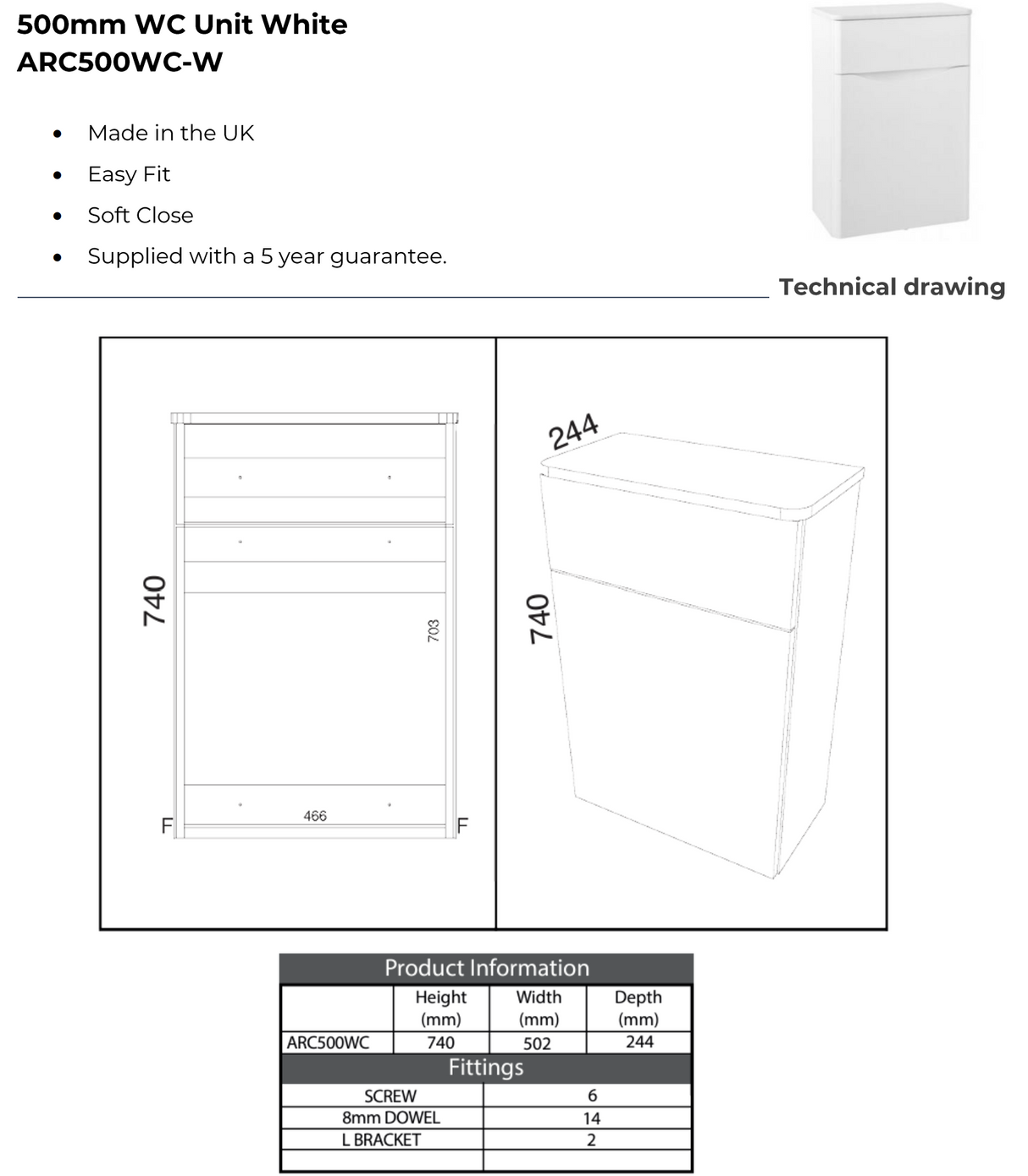 Kartell K-VIT Arc 500mm WC Unit- White Gloss (ARC500WC-W)