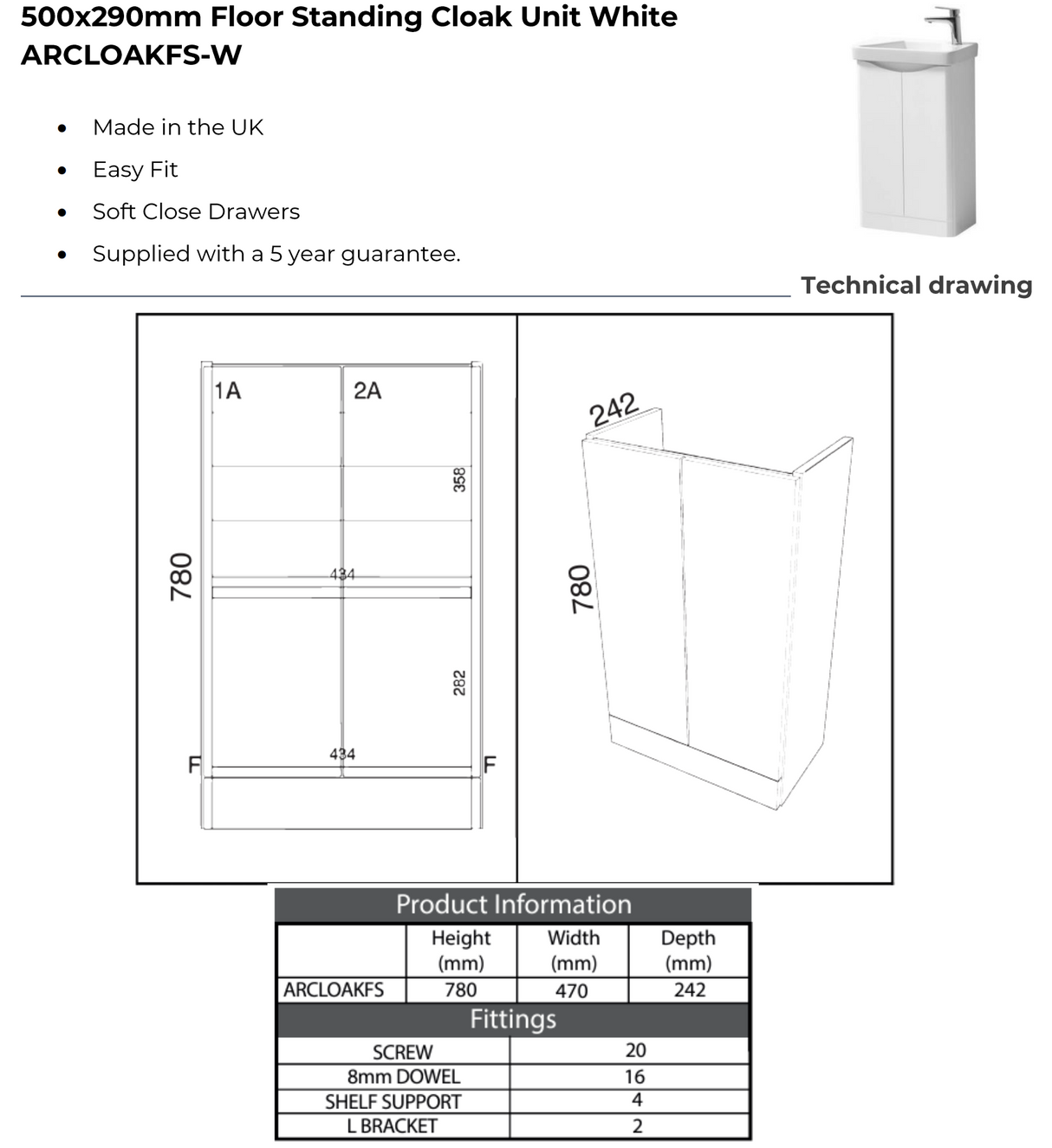 Kartell K-VIT Arc 500mm Floor Standing 2 Door Cloakroom Unit With Ceramic Basin- White Gloss (ARCLOAKFS-W FUR455CA)