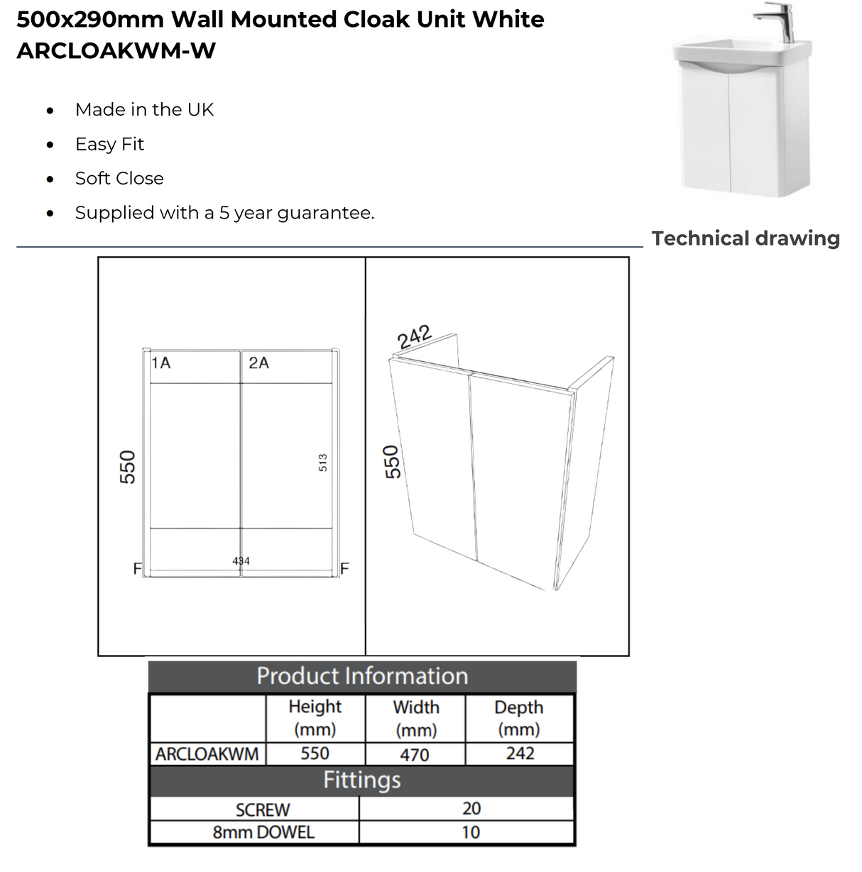 Kartell K-VIT Arc 500mm Wall Mounted 2 Door Cloakroom Unit With Ceramic Basin- White Gloss (ARCLOAKWM-W FUR455CA)