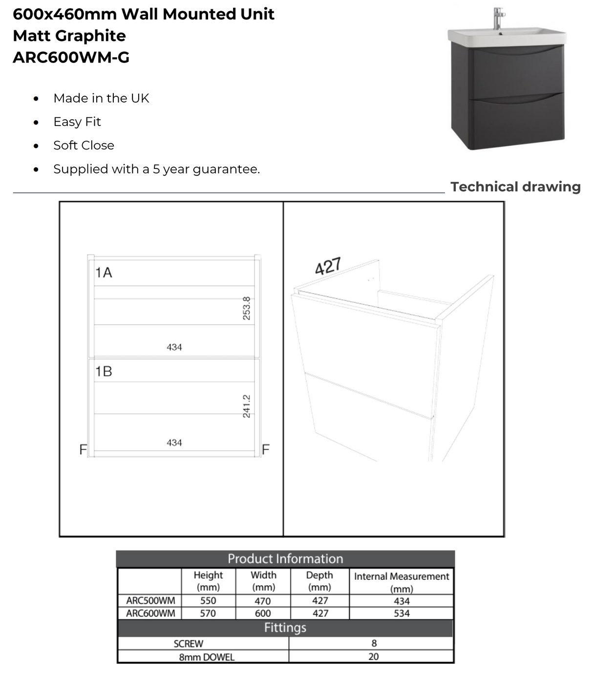 Kartell K-VIT Arc 600mm Wall Mounted 2 Drawer Unit With Ceramic Basin- Matt Graphite (ARC600WM-G FUR149ME)