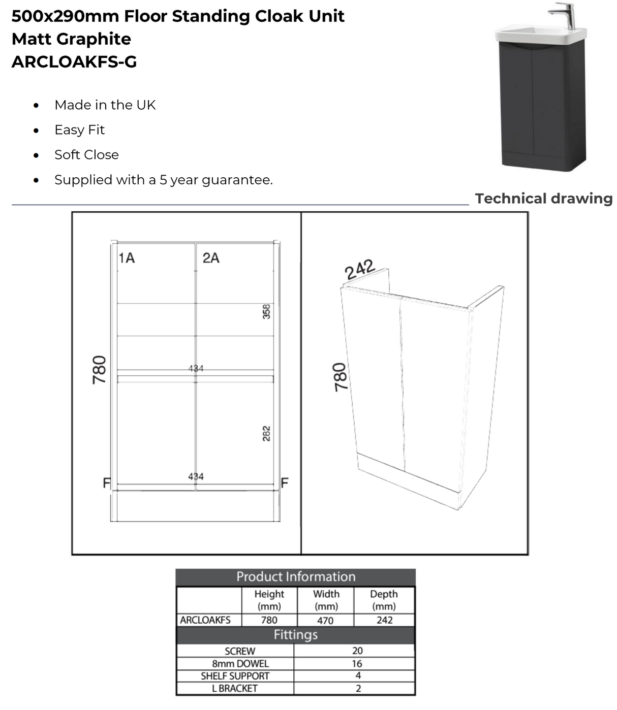Kartell K-VIT Arc 500mm Floor Standing 2 Door Cloakroom Unit With Ceramic Basin- Matt Graphite (ARCLOAKFS-G FUR455CA)
