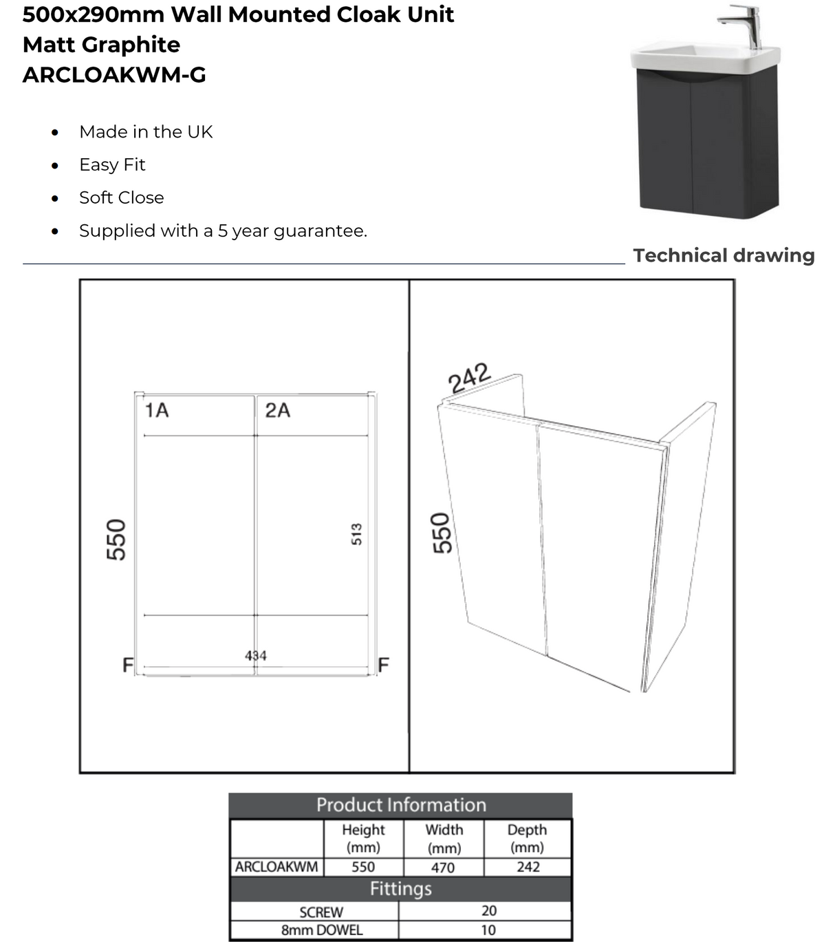 Kartell K-VIT Arc 500mm Wall Mounted 2 Door Cloakroom Unit With Ceramic Basin- Matt Graphite (ARCLOAKWM-G FUR455CA)