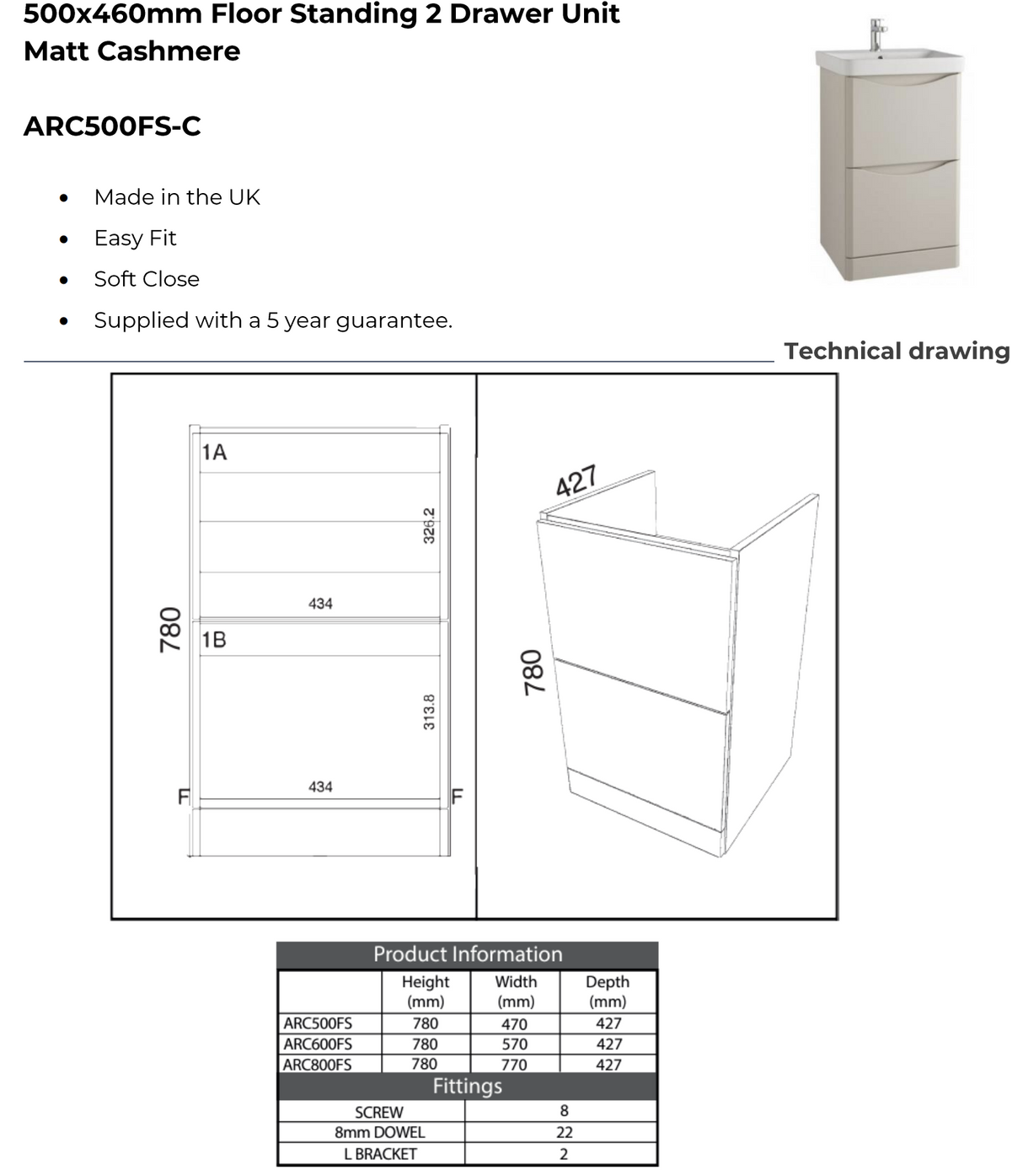 Kartell K-VIT Arc 500mm Floor Standing 2 Drawer Unit With Ceramic Basin-Cashmere (ARC500FS-C FUR148ME)