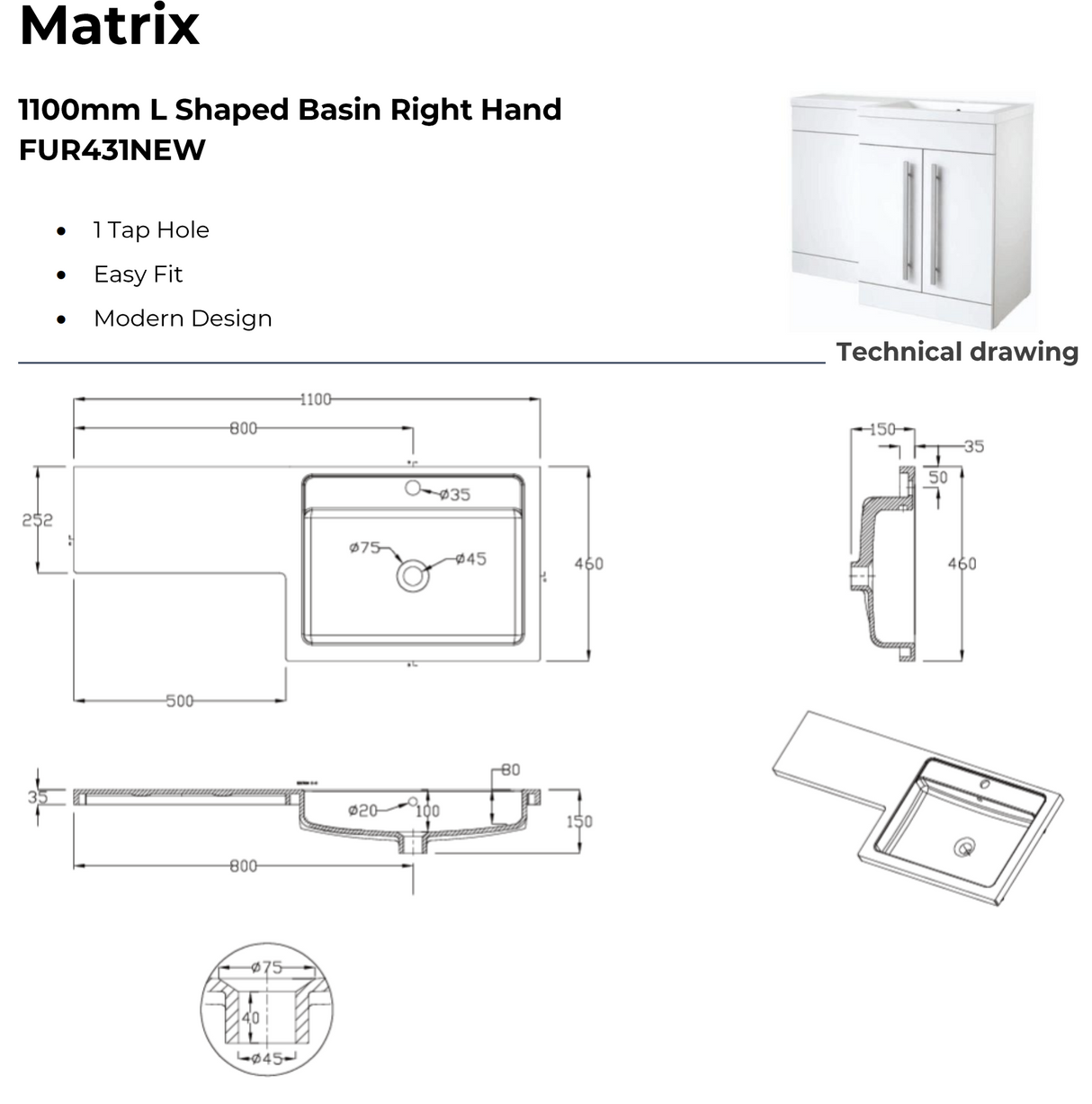 Kartell K-VIT City 1100mm L-Shaped Furniture Set Right Hand (Including Cistern) - White Gloss (FUR709CI-FUR730CI-FUR431NEW-ACC001N)