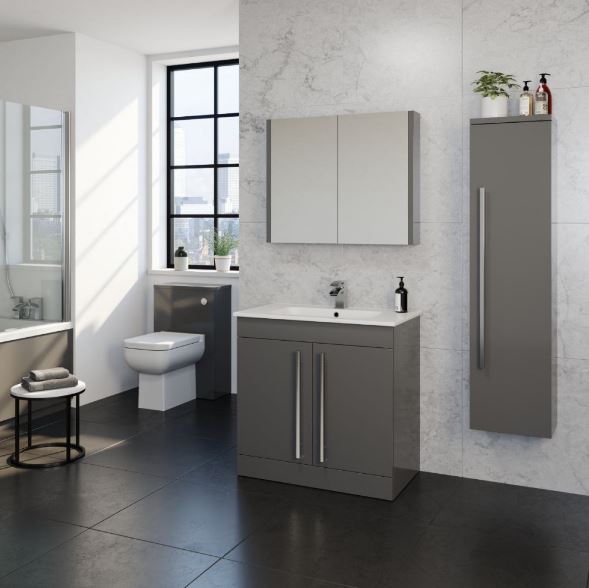 Kartell K-VIT Purity 500mm Floor Standing 2 Door Unit With Ceramic Basin - Storm Grey Gloss (FUR127PU-FUR063PU)
