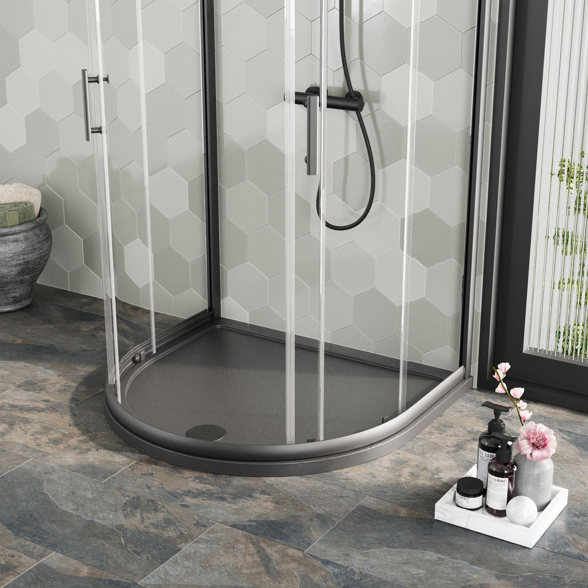 Nuie 1050 x 950mm Slate Gray Slimline D Shape Shower Tray – Grey Slate, photo 4