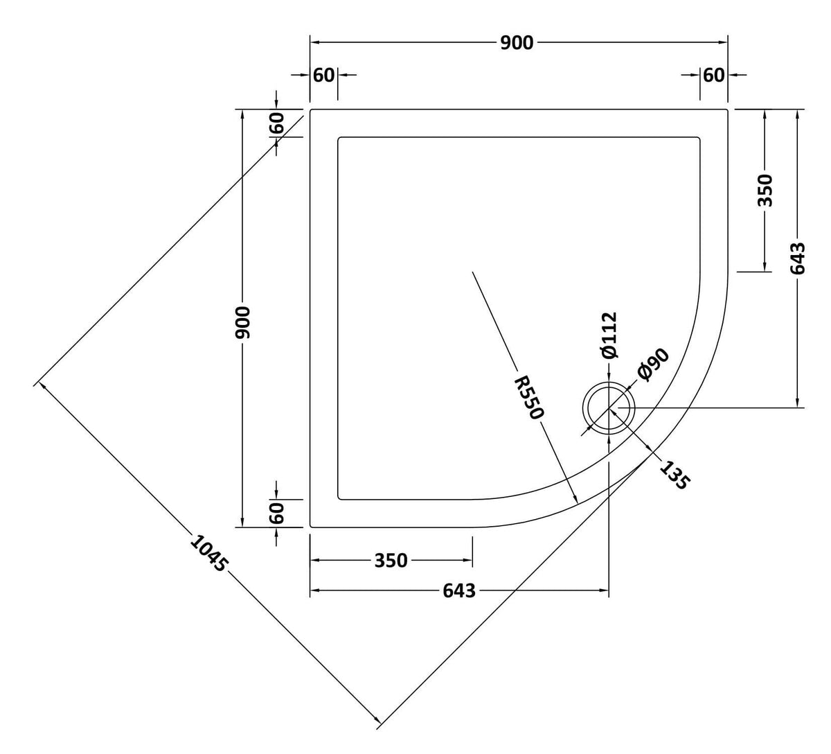 Nuie Slate Grey Slimline Quadrant Shower Tray – 700mm, 760mm, 800mm, 900mm & 1000mm, photo 6