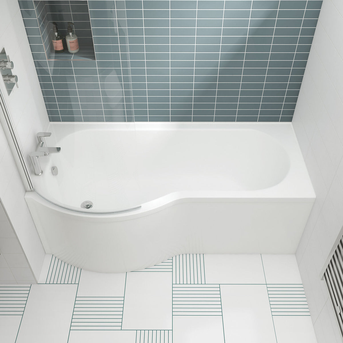 Nuie P Shaped Shower Bath With Legs – 1500mm, 1600mm & 1700mm