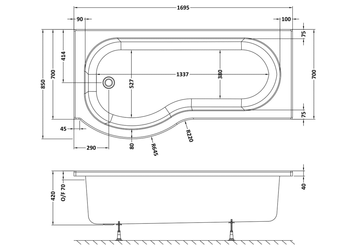 Nuie P Shaped Shower Bath With Legs – 1500mm, 1600mm & 1700mm, photo 6