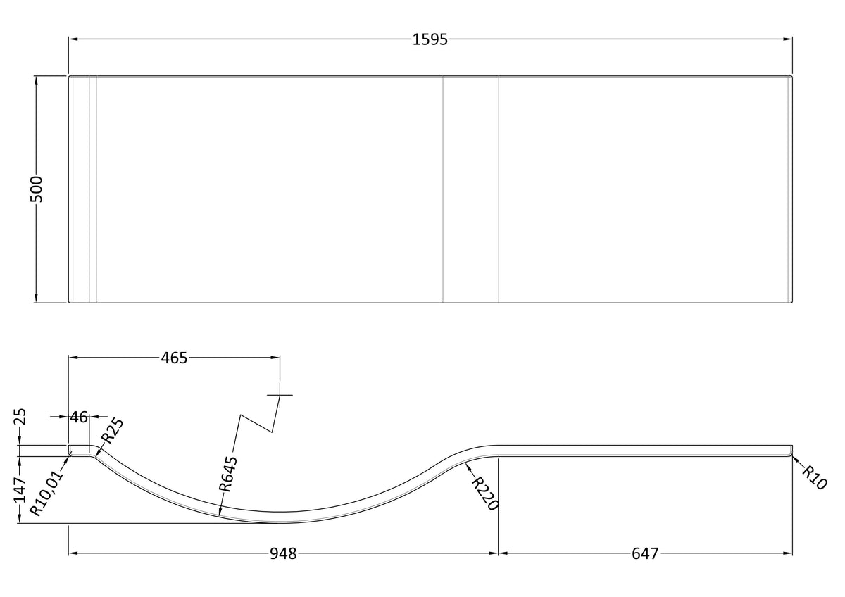 Nuie P-Shaped Acrylic Shower Bath Front Panel – 1500mm, 1600mm & 1700mm, photo 5