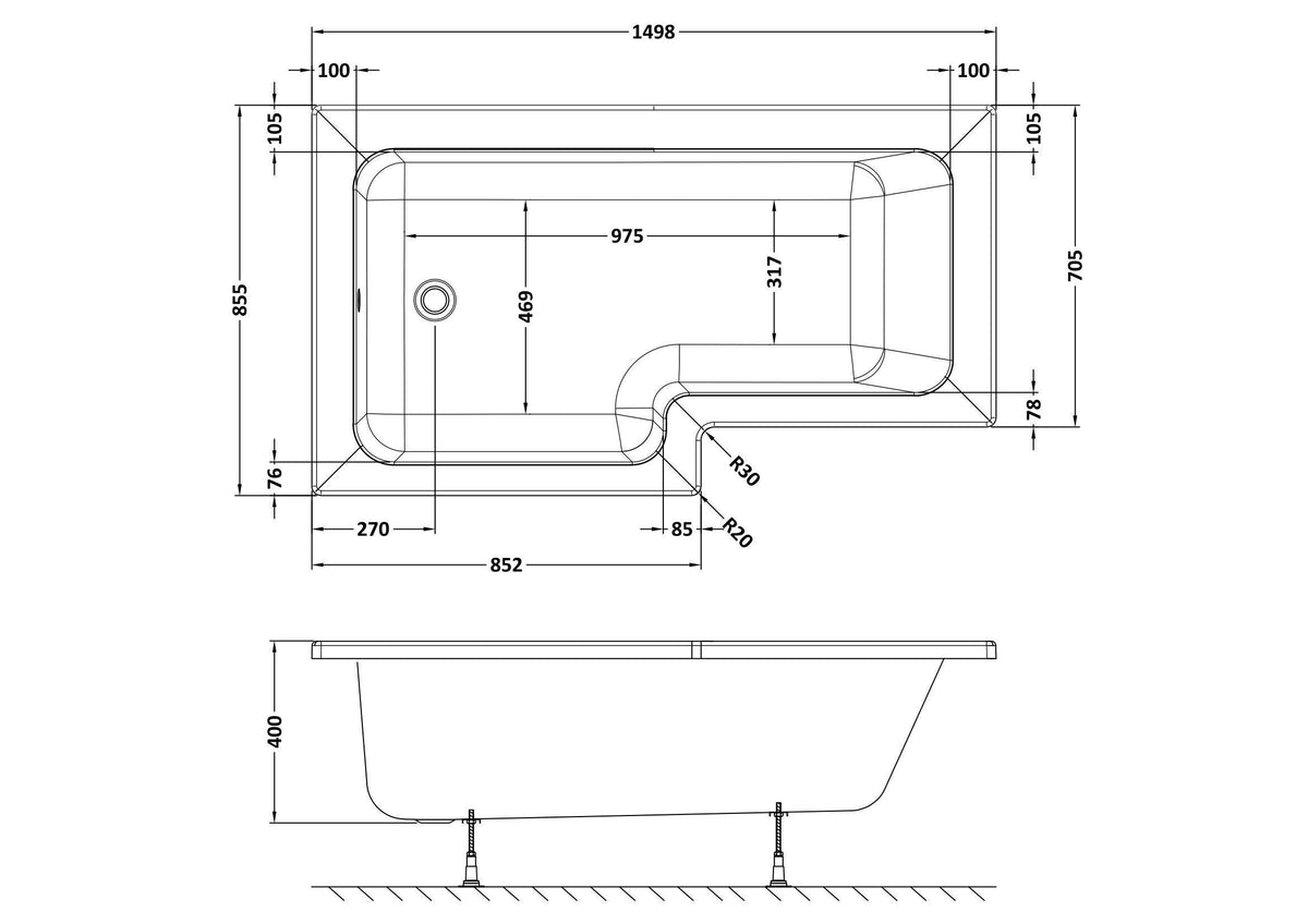 Nuie Square Shower Bath With Legs – 1500mm, 1600mm & 1700mm, photo 4