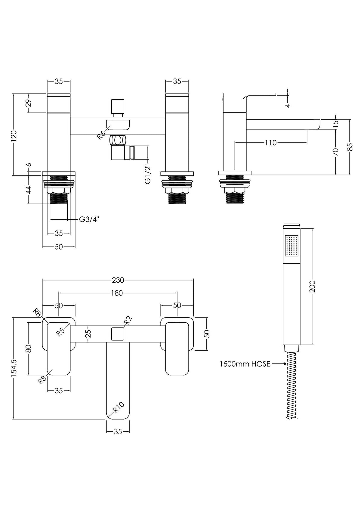 Nuie Windon Deck Mounted Bath Shower Mixer With Kit – Chrome, photo 3