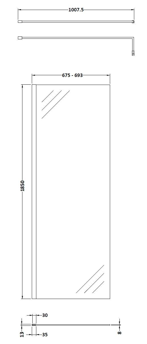 Nuie Semi-Frameless Wetroom Screen With Support Bar – 1850mm High – 700mm, 760mm, 800mm, 900mm, 1000mm, 1100mm, 1200mm & 1400mm, photo 3