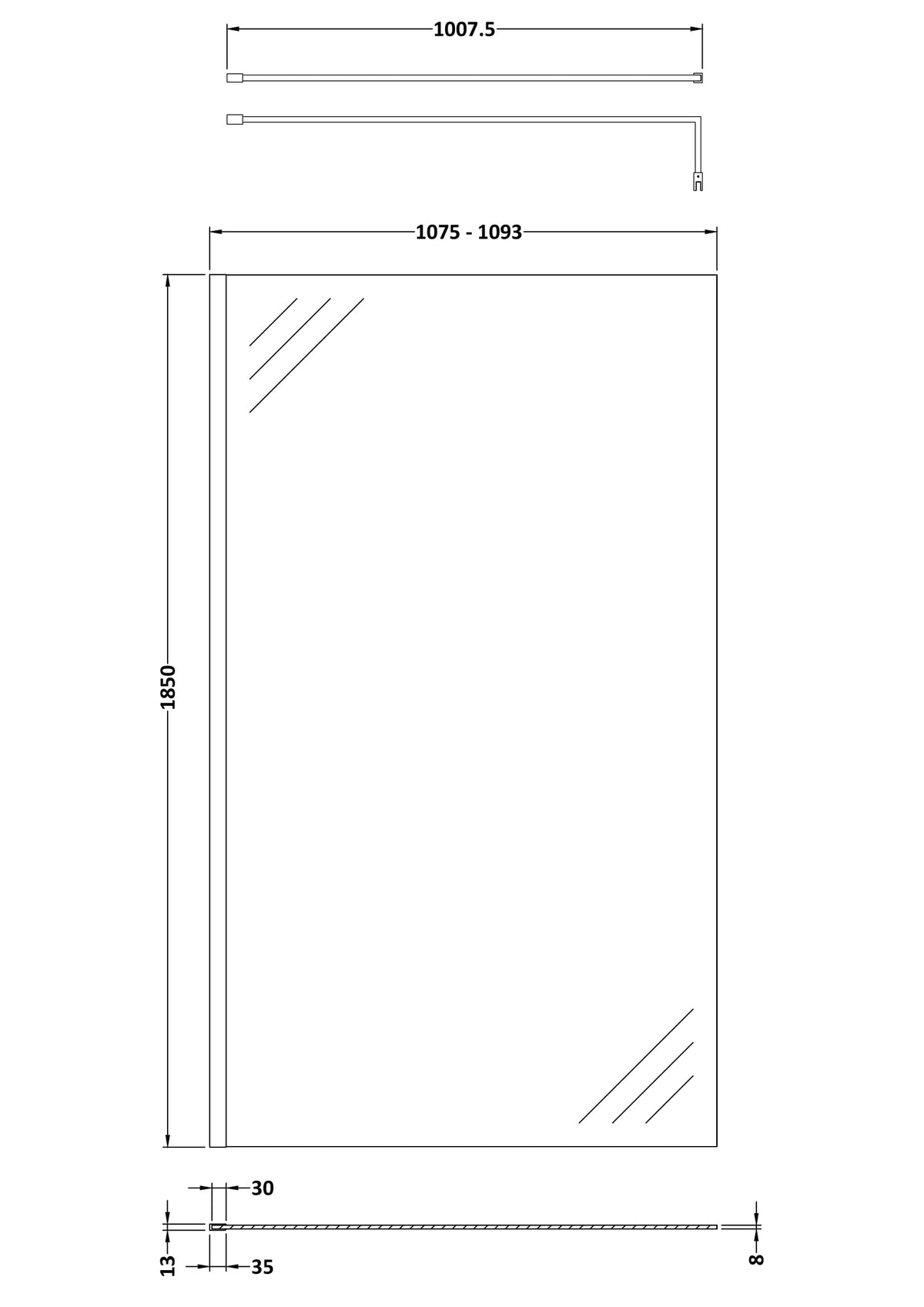 Nuie Semi-Frameless Wetroom Screen With Support Bar – 1850mm High – 700mm, 760mm, 800mm, 900mm, 1000mm, 1100mm, 1200mm & 1400mm, photo 7