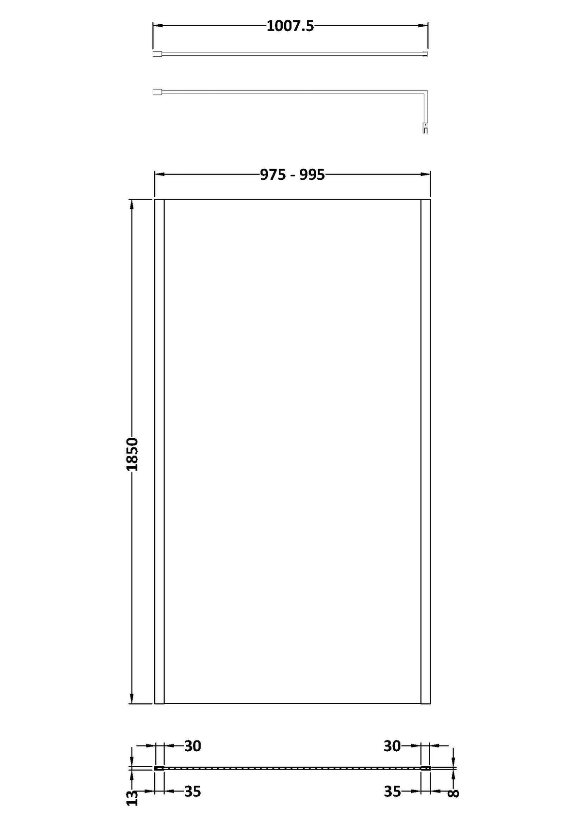 Nuie Semi-Frameless Wetroom Screen With Support Bar – 1850mm High – 700mm, 760mm, 800mm, 900mm, 1000mm, 1100mm, 1200mm & 1400mm, photo 7