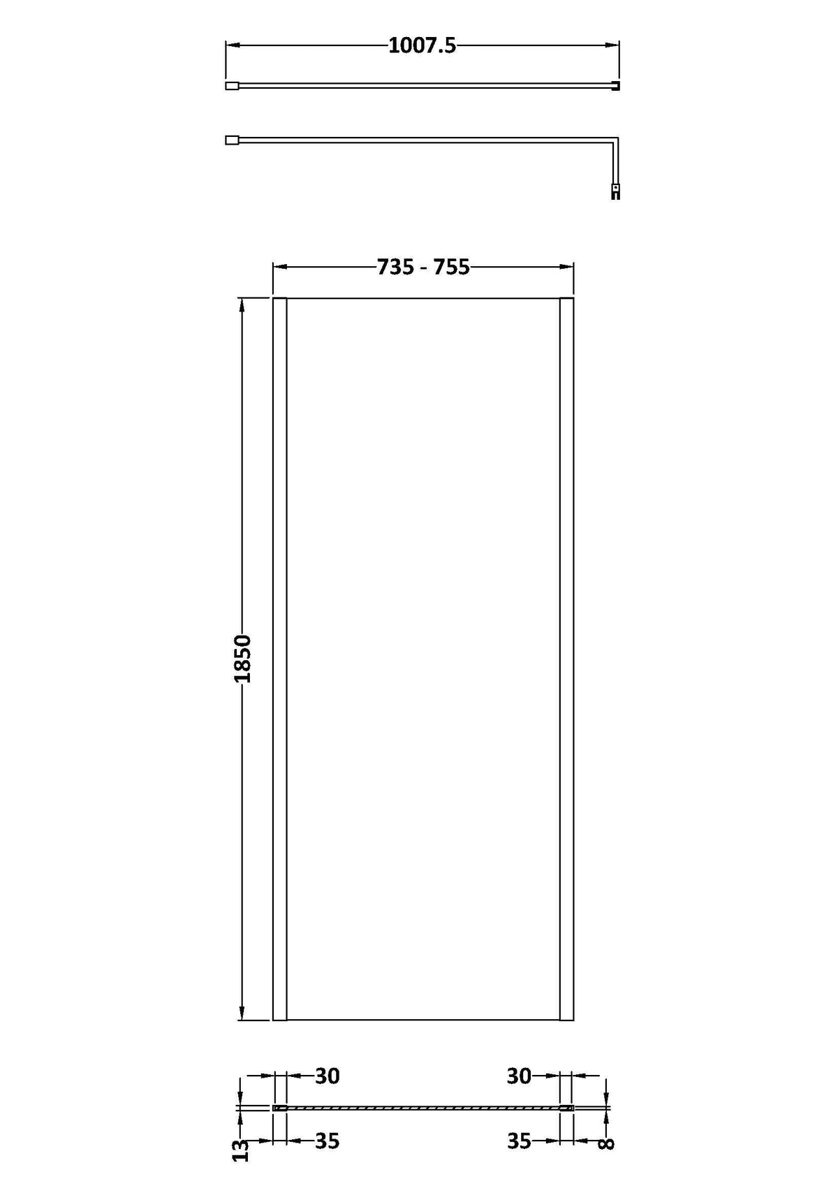 Nuie Semi-Frameless Wetroom Screen With Support Bar – 1850mm High – 700mm, 760mm, 800mm, 900mm, 1000mm, 1100mm, 1200mm & 1400mm, photo 4