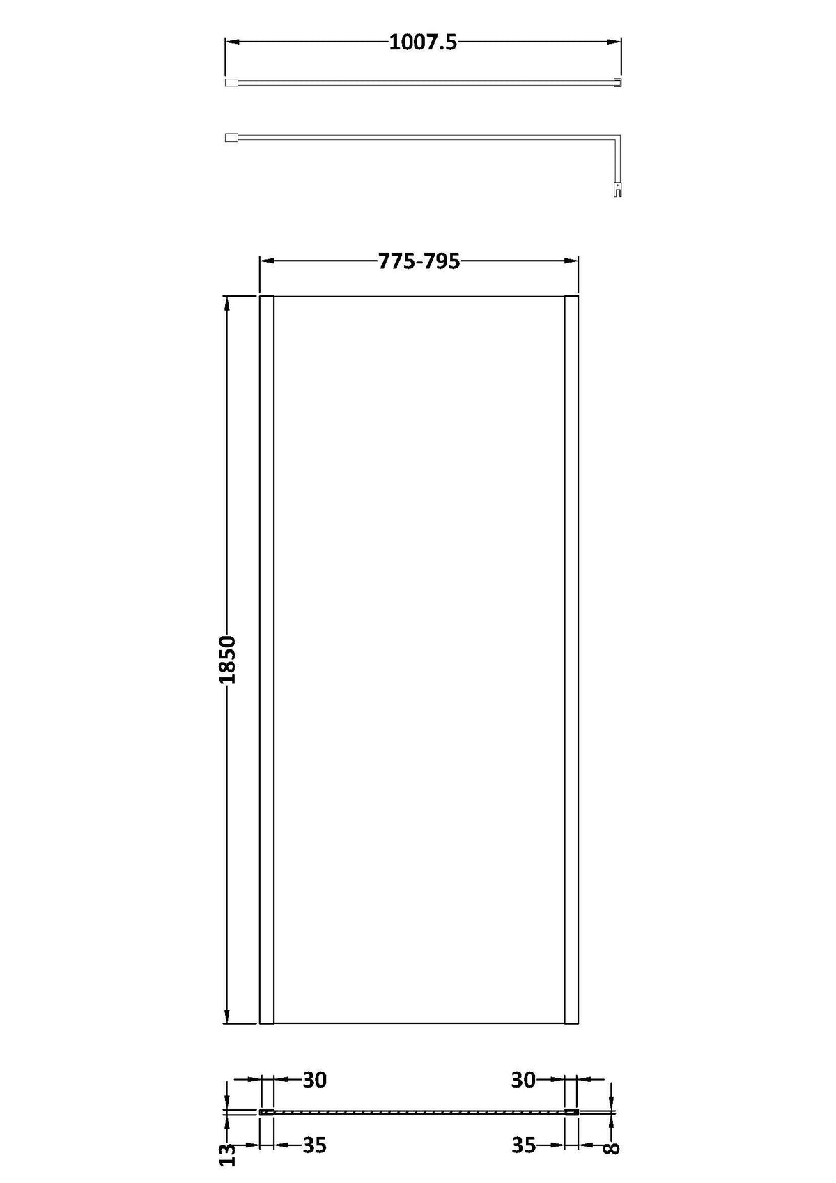 Nuie Semi-Frameless Wetroom Screen With Support Bar – 1850mm High – 700mm, 760mm, 800mm, 900mm, 1000mm, 1100mm, 1200mm & 1400mm, photo 5