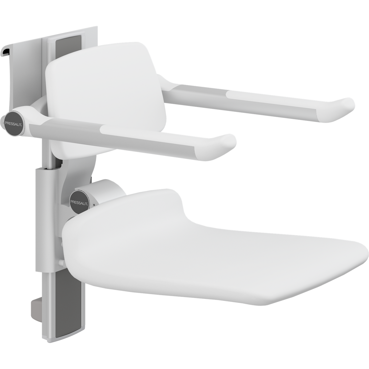 Pressalit PLUS shower seat – 450 mm Manual – Back & Armrests, Standard Seat, White