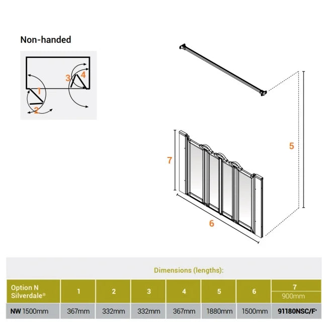 AKW Silverdale Option NW Shower Screens 1500mm Wide x 900mm High - Clear (91180NSC)