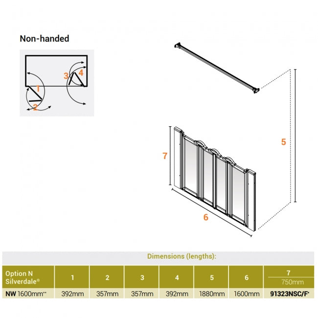 AKW Silverdale Option NW Shower Screens 1600mm Wide x 750mm High - Frosted (91323NSF)
