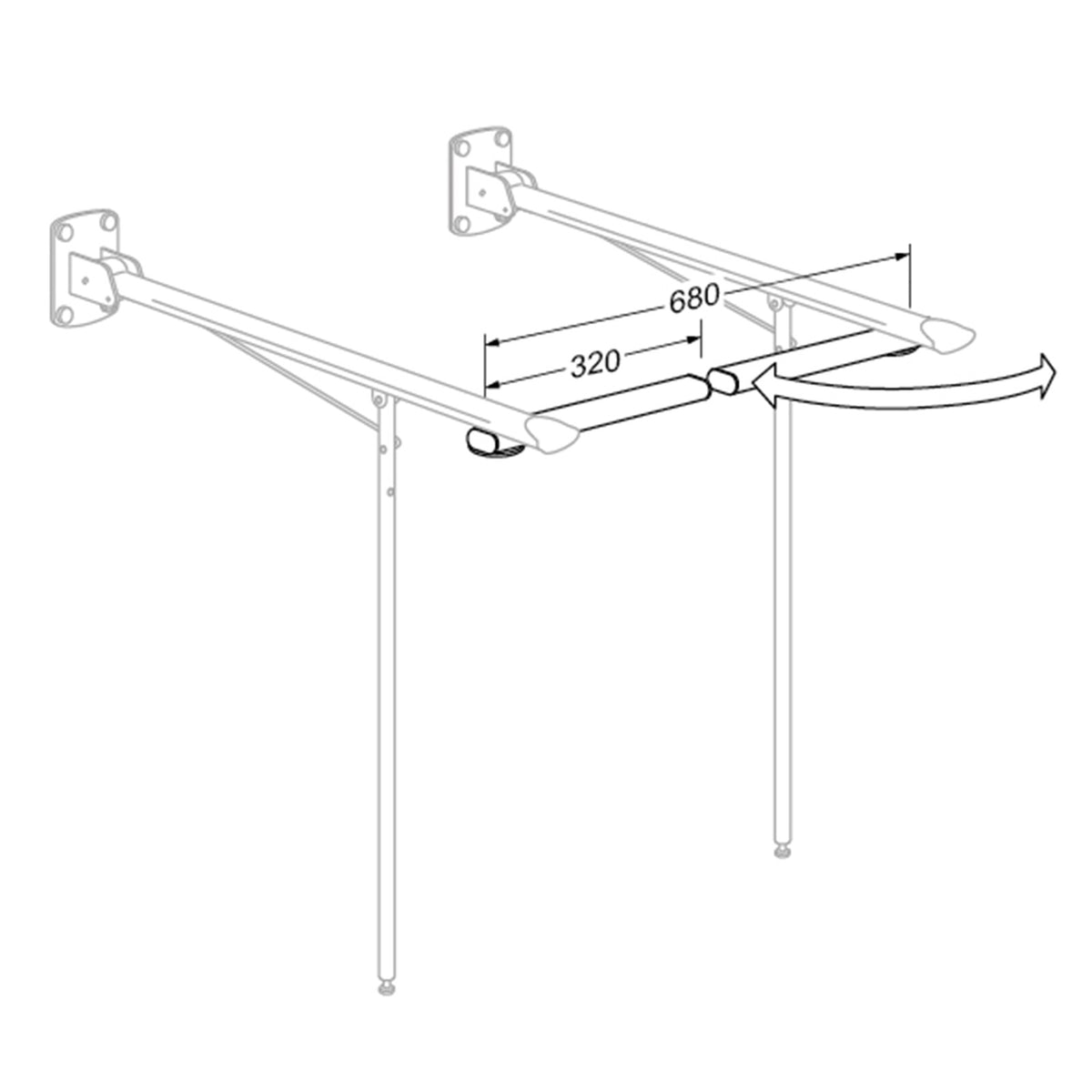 Pressalit R1152000 VALUE front rails dimensioned drawing