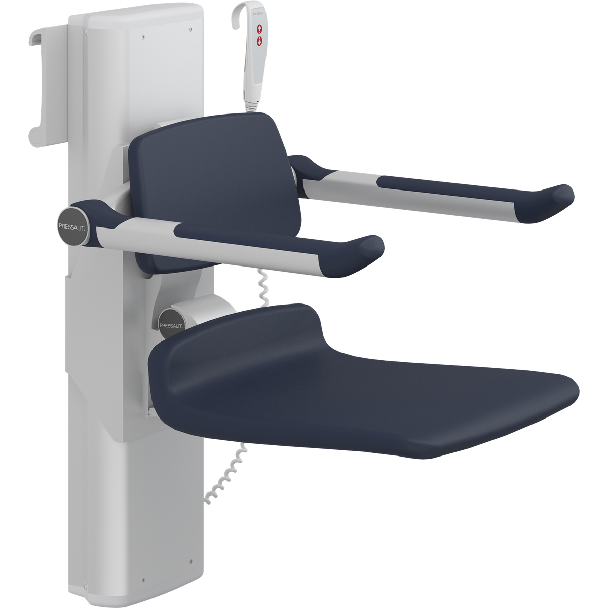 Pressalit PLUS shower seat – 450 mm Electric – Back & Armrests, Standard Seat, Dark Blue