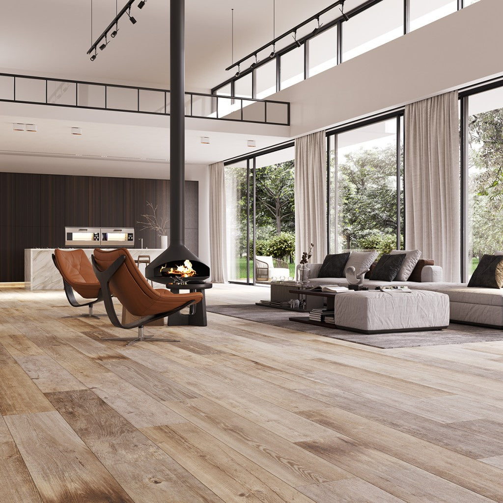 Bar Harbor cream wood effect matt porcelain wall & floor tile, 200x1200mm