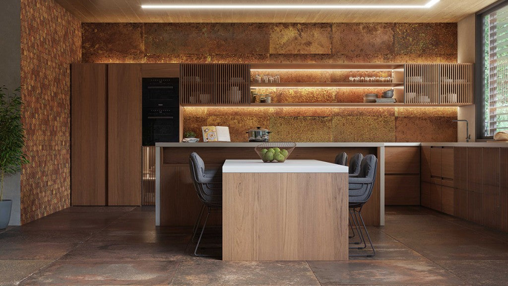 Biloxi rust metal effect textured porcelain tile 500x1000mm laid in a room