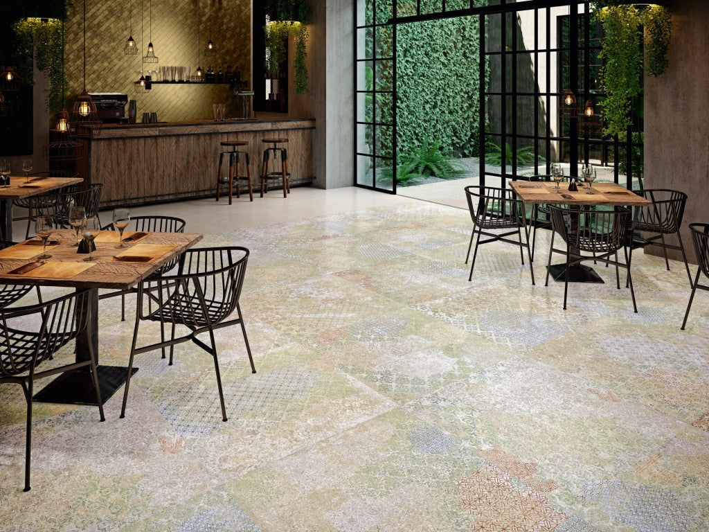 Boothbay blend vintage pattern matt porcelain tile 500x1000mm laid in a room