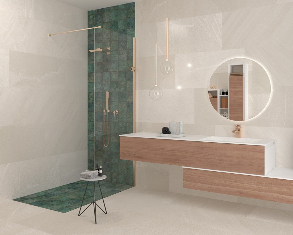 Branford ivory stone effect satin porcelain wall and floor tile 450x900mm
